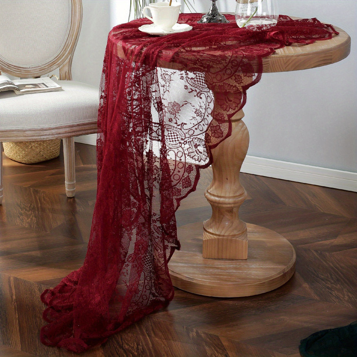 American Style Round Lace Tablecloth Red Hollowed Out Christmas Table Cloth