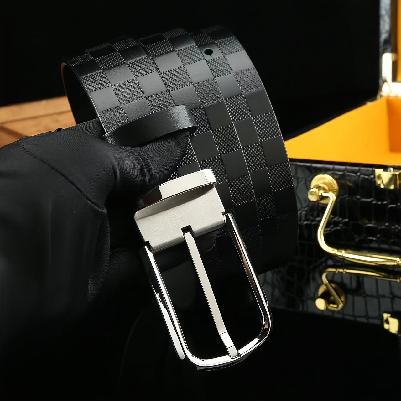 Men's Checkerboard Pattern Cowhide Belt 3 1/4in Width