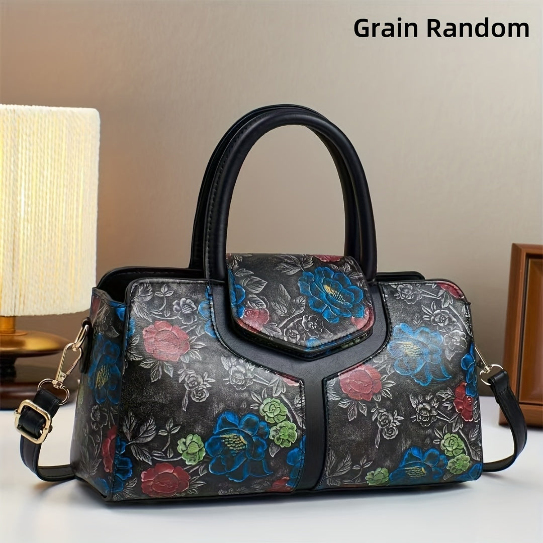 Vintage Floral Print Tote Bag Zipper Handbag Dark Brown Red Green