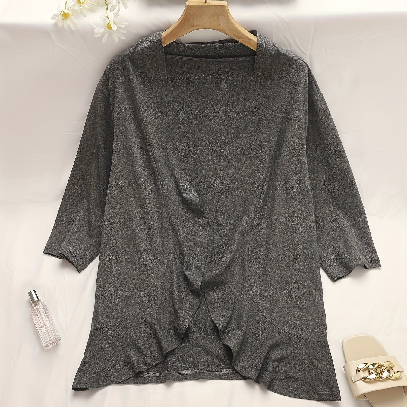  Solid Long Sleeve Open Front Cardigan
