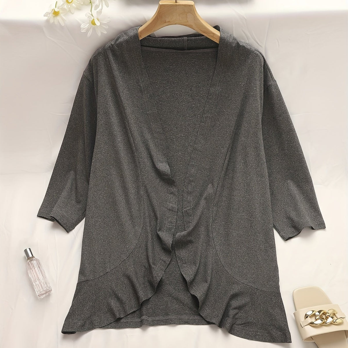  Solid Long Sleeve Open Front Cardigan