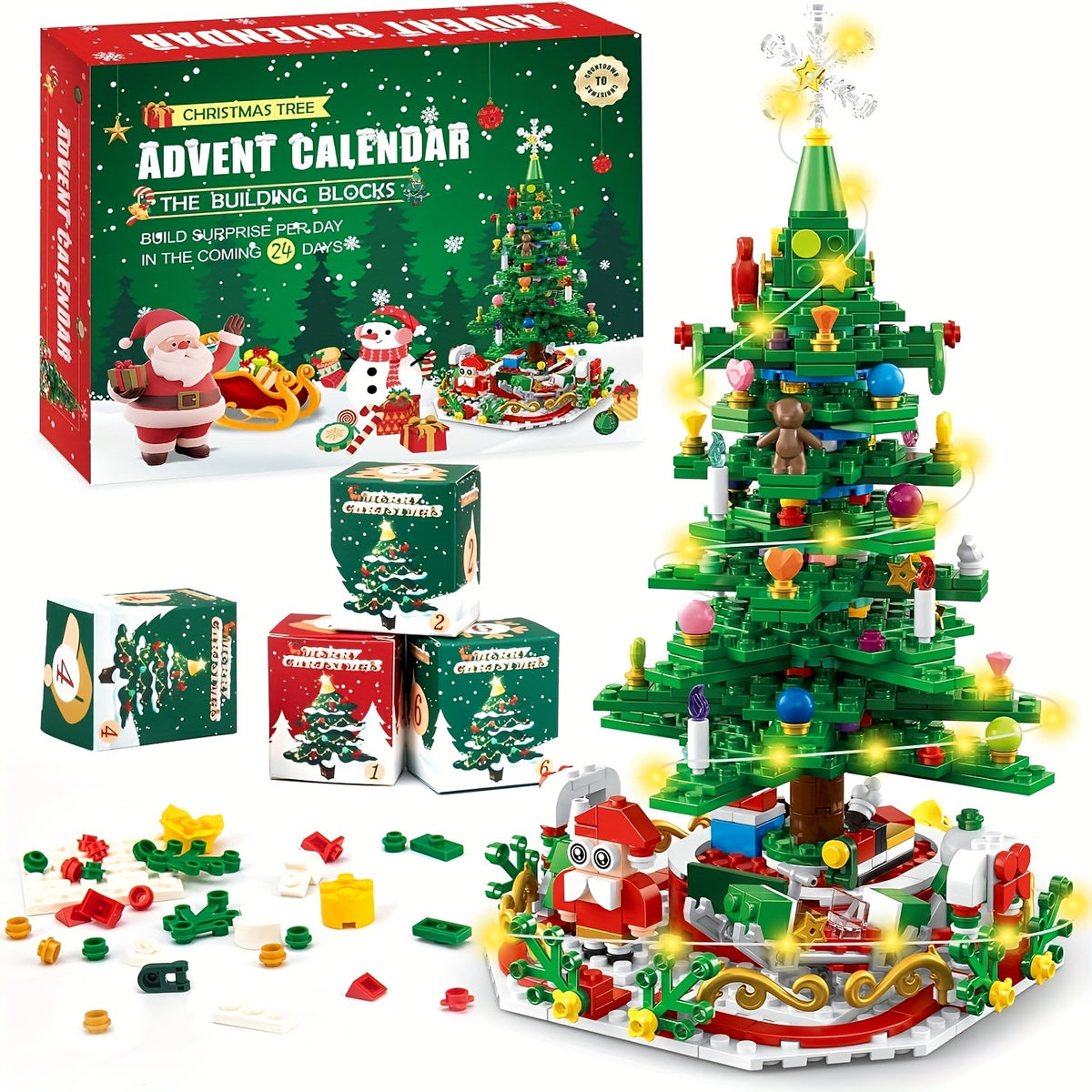24 IN 1 Advent Calendar Christmas Tree Building Toys With Rotating Base