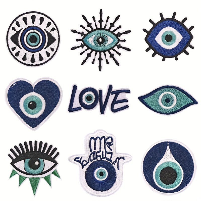 9pcs Devil's Eye Iron On Patches For Men Sew On Embroidered Applique