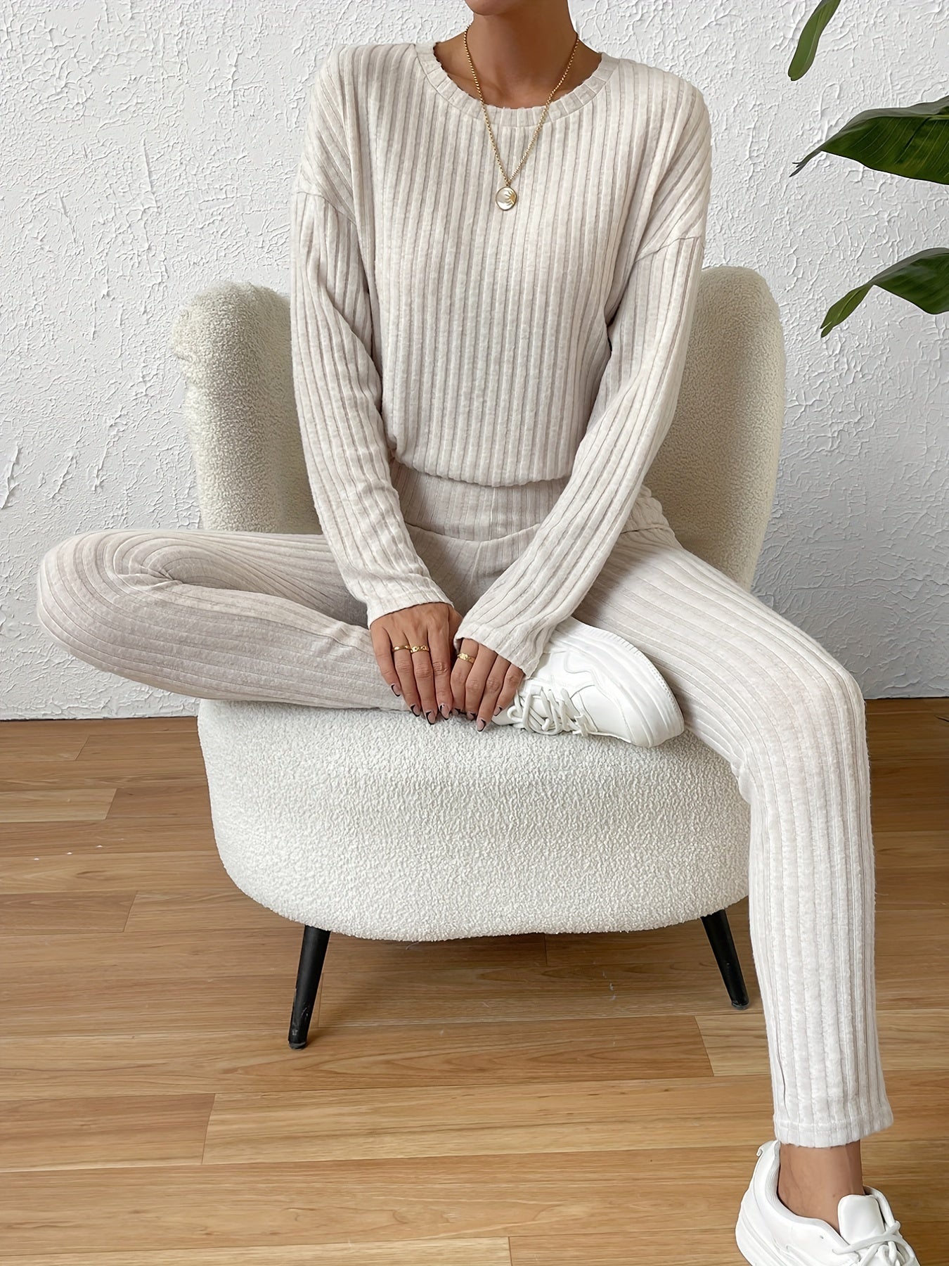 Ribbed Knit Two piece Set Long Sleeve Crew Neck Top & Slim Pants