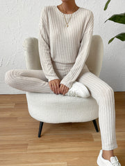Ribbed Knit Two piece Set Long Sleeve Crew Neck Top & Slim Pants