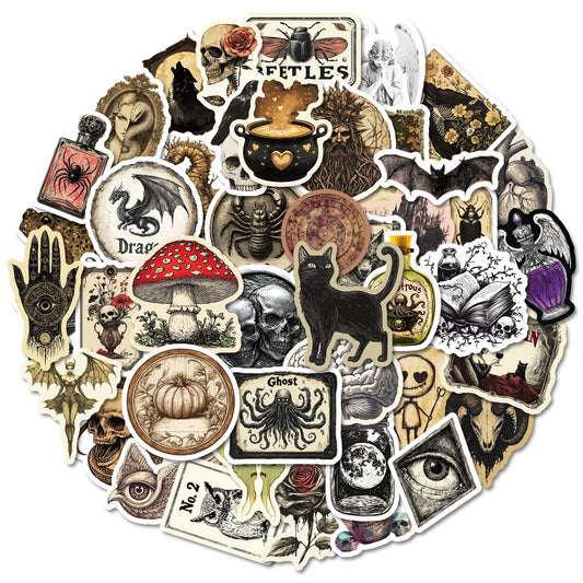 50pcs Vintage Goth Stickers Waterproof Vinyl Decals Skull Mushroom Bat Dragon