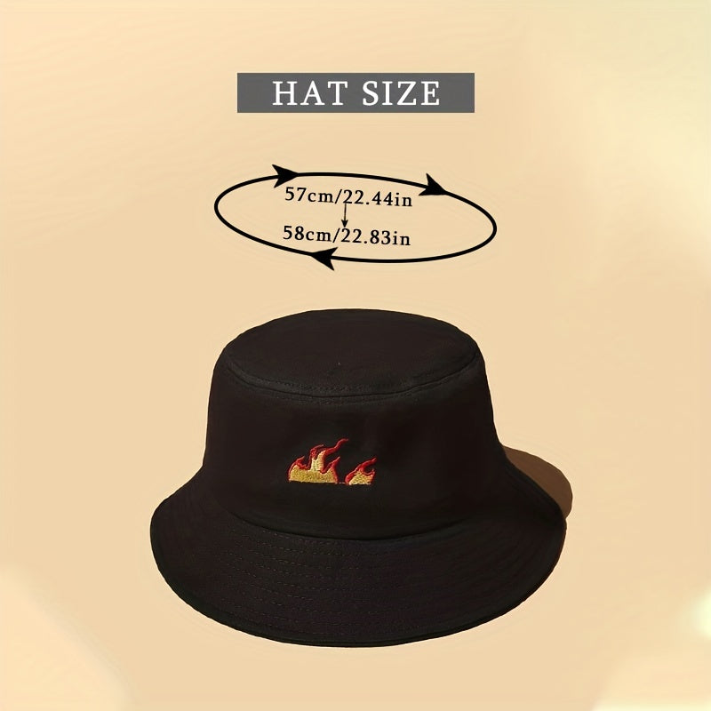Flame Embroidery Bucket Hat Casual Hip Hop Basin Hat Solid Unisex Fisherman Cap