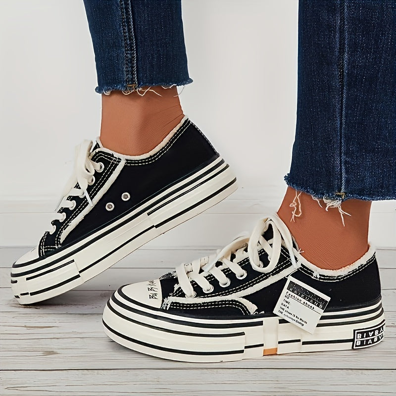 Vintage Letter Patched Raw Trim Skate Shoes for Women