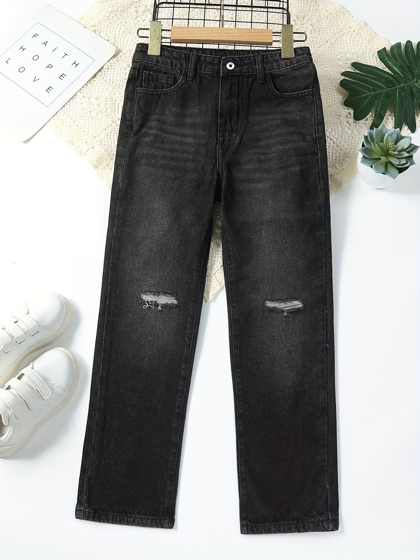 Girls' Ripped Straight Leg Retro Jeans Solid Fit Denim Pants