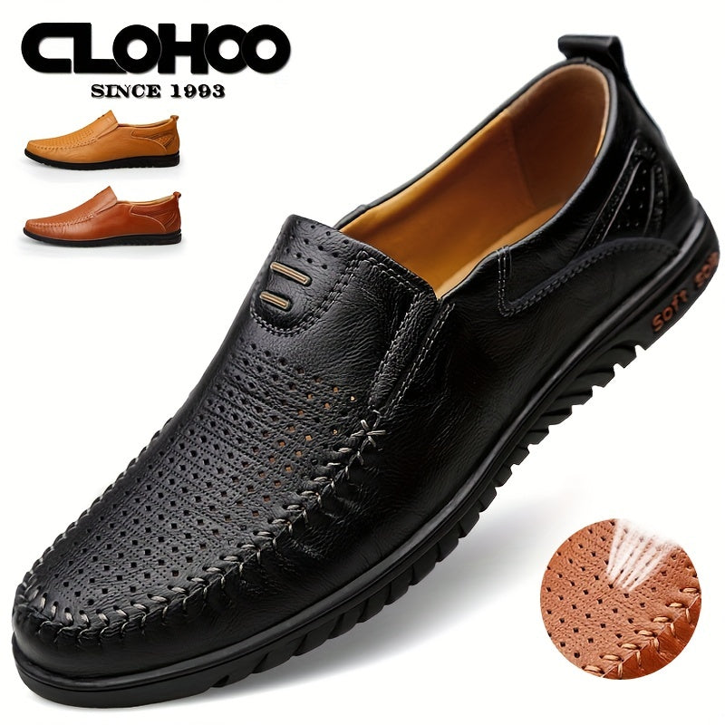CLOHOO Two layer Cowhide Rubber Sole Hollow Loafers Shoes