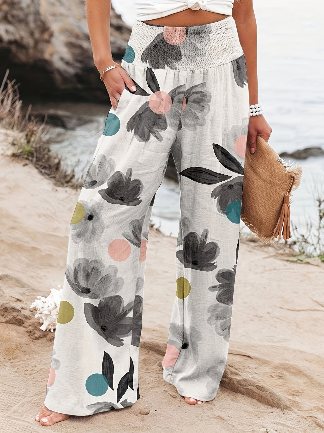 Floral Print High Rise Wide Leg Pants With Pockets