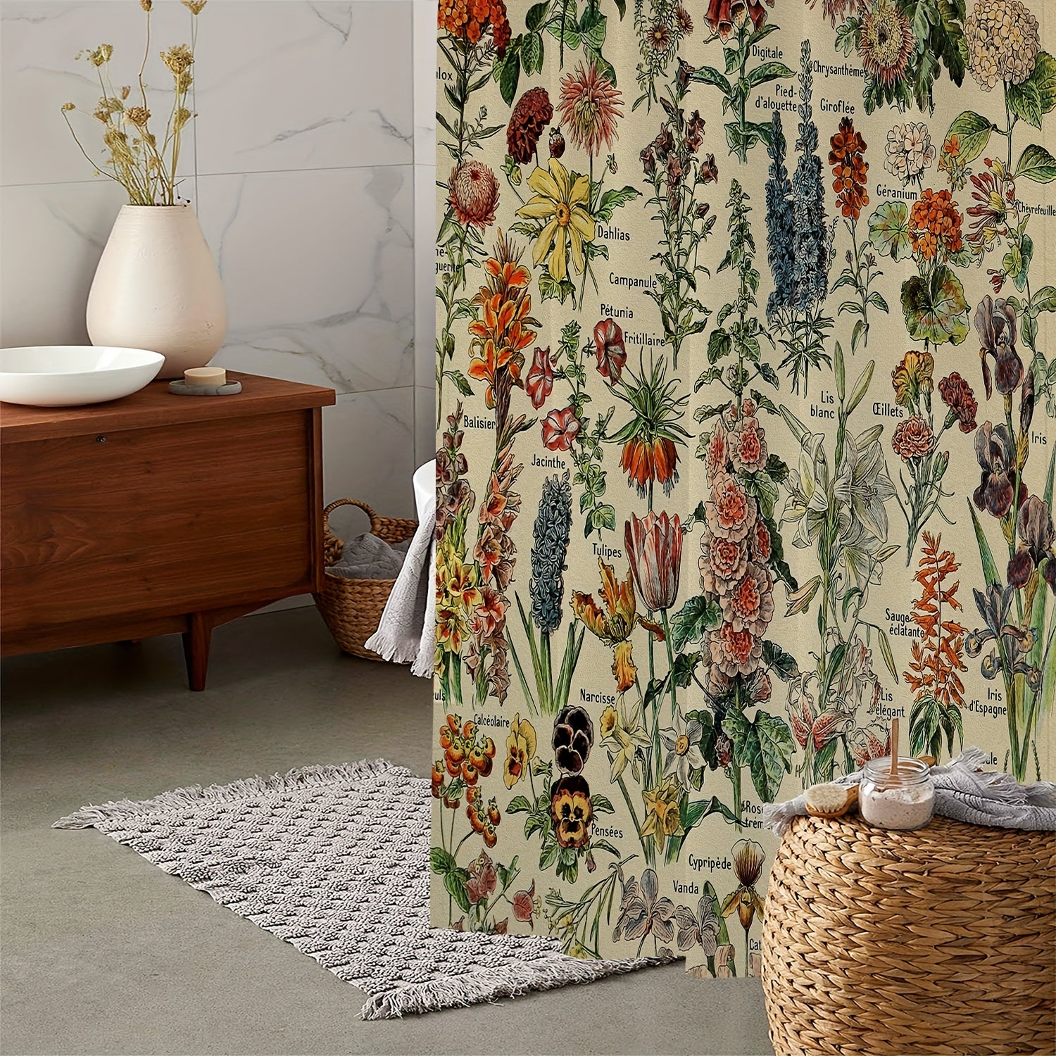 Waterproof Vintage Flower Print Shower Curtain with 12 Hooks