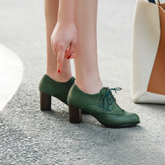 Green High Heel Oxfords Lace Up Faux Leather Stacked Heel Shoes