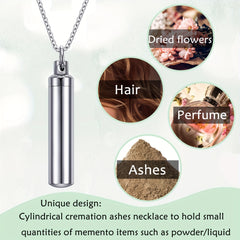 Stainless Steel Cremation Necklace for Ashes with Silver Urn Cylinder