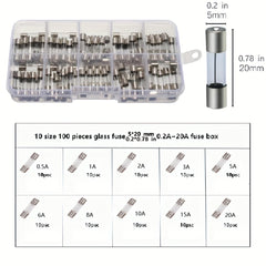 100pcs 5x20mm Fast Blow Glass Fuse Assortment 0.2A-20A Kit