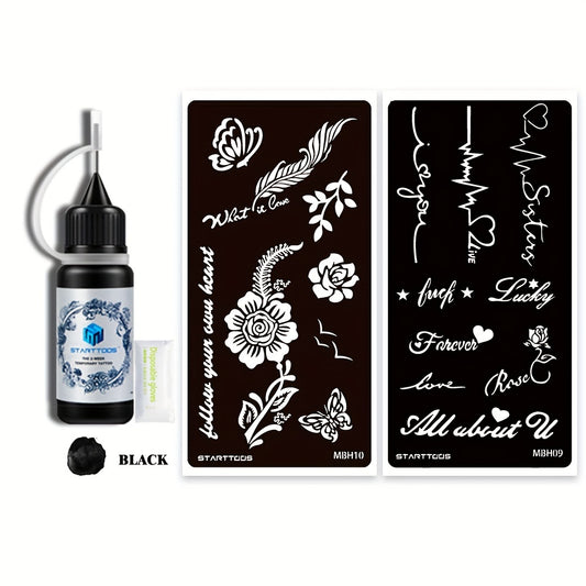 2 Sheets Hollow Juice Dye Paste Floral Feather Word Pattern Body Tattoo