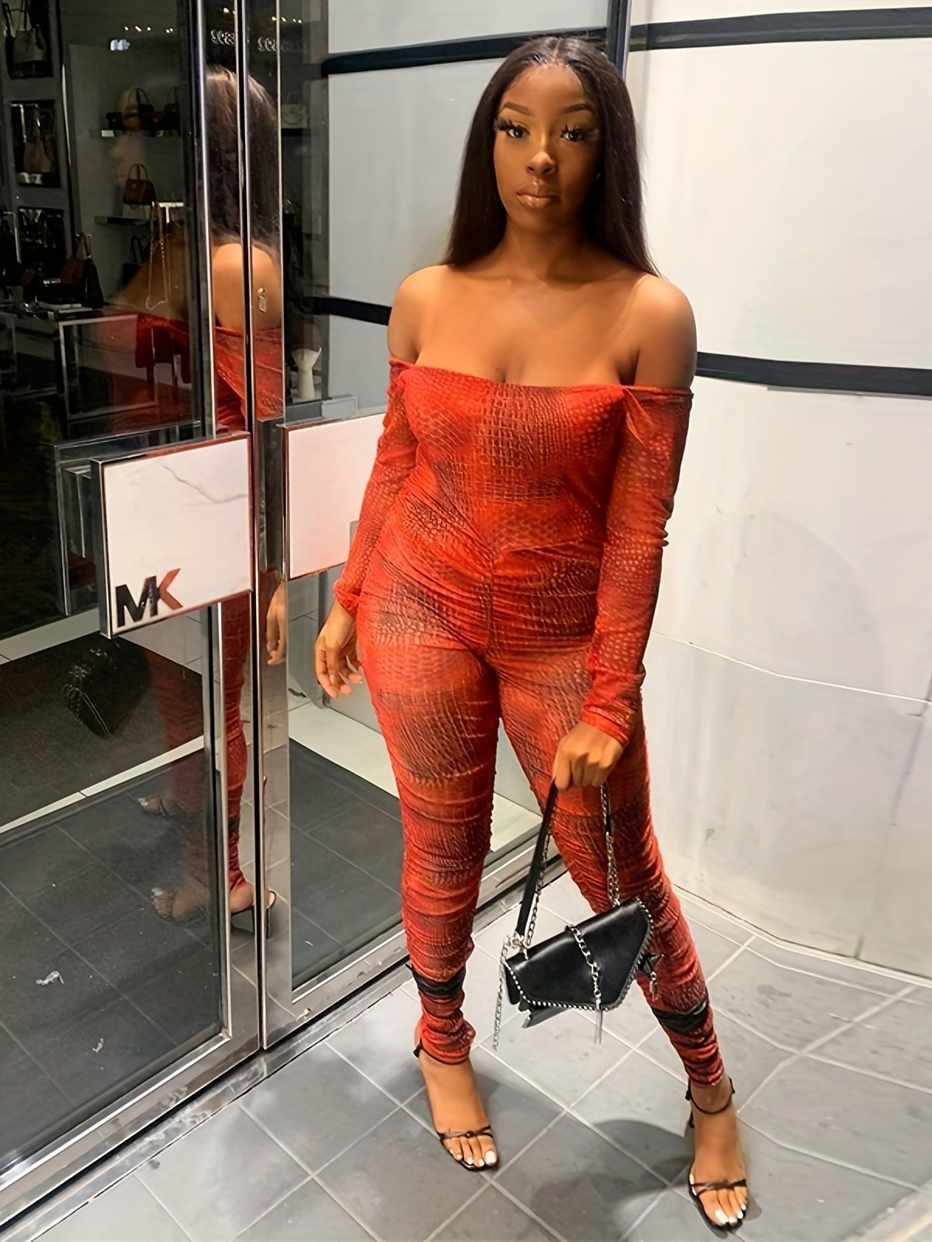 Graphic Print Off Shoulder Jumpsuit Women's Clothing