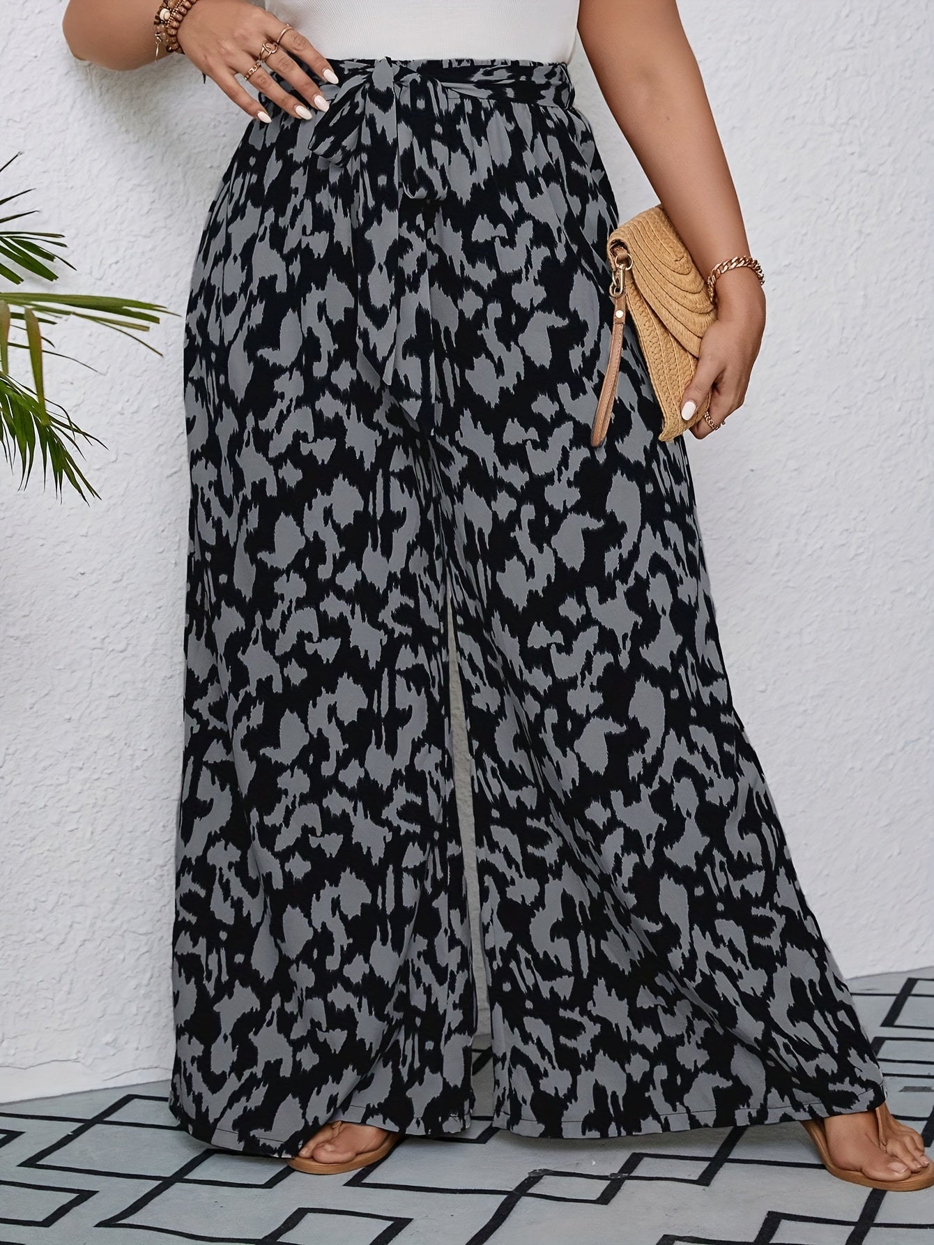  Leopard Print Wide Leg Trousers with Belt