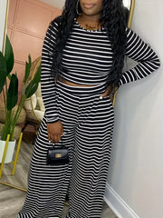  Striped Long Sleeve Crop Top & Wide Leg Pants Set