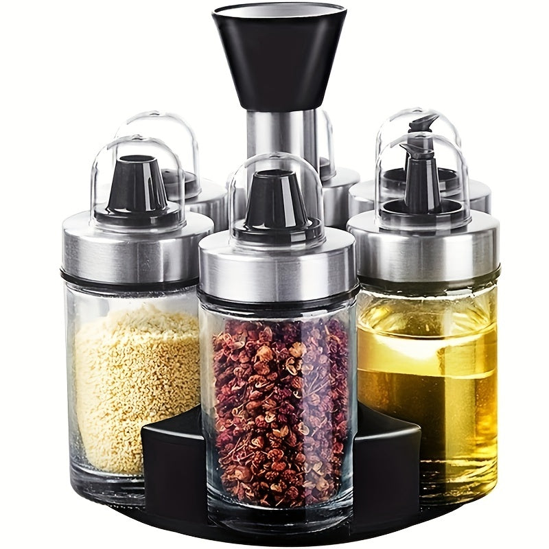 6pc Glass & Stainless Steel Vinegar & Pepper Bottles Set with Rotating Holder