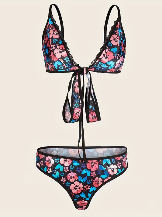  Floral Print Criss Cross Tie Back Bra & Brief 2pcs Set