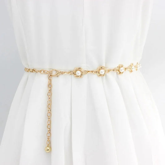 Faux Pearl Chain Decorative Dress Skirt Thin Belt