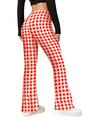 Women's Plus Plaid Elastic High Rise Flared Leg Trousers