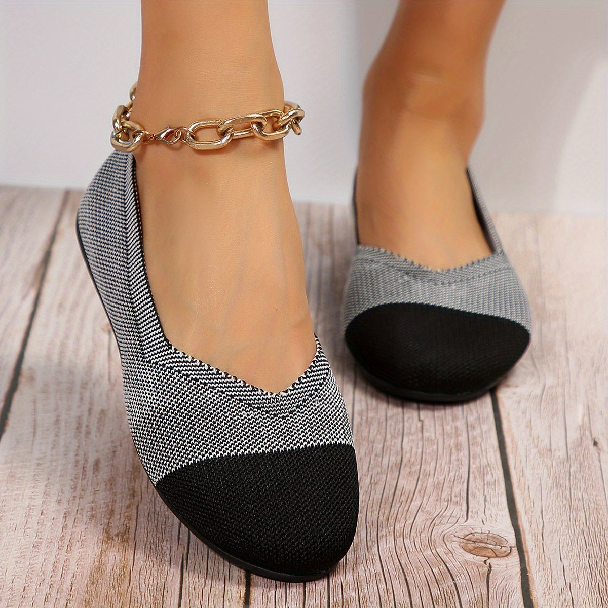 Colorblock Knit Ballet Flats Soft Sole Walking Shoes