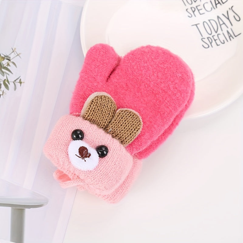 Bear Cartoon Gloves Kids Winter Knitted Double layered Thickened Gloves
