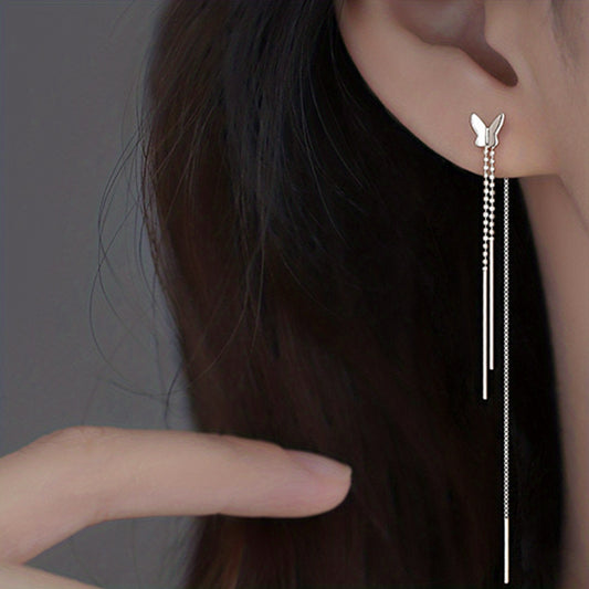 Silvery Butterfly Long Chain Dangle Earrings Copper Silver Plated Jewelry