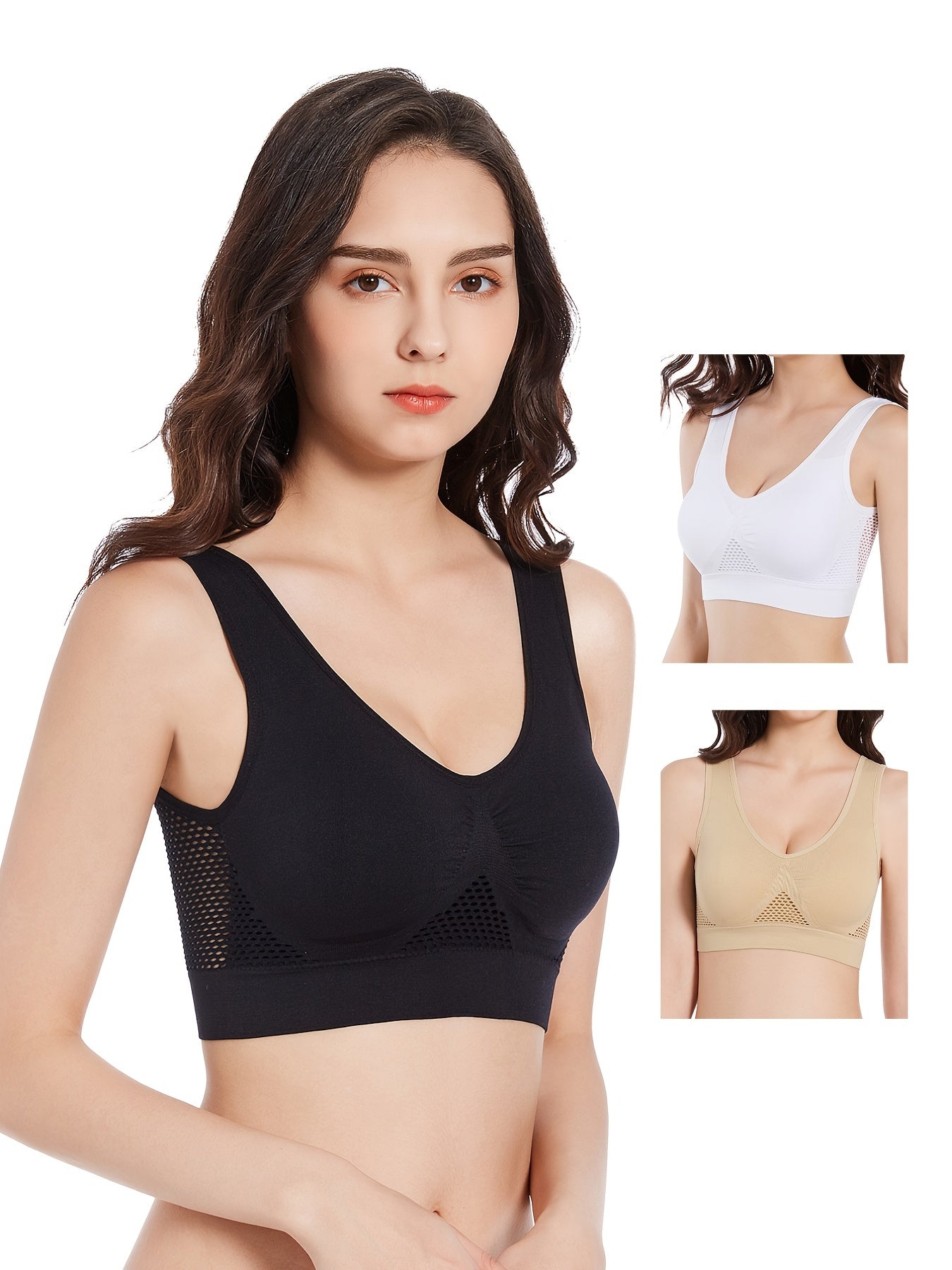 3 Pcs Mesh Sports Bra Seamless V-Neck Sexy Cropped Tops Women's Activewear