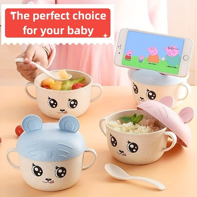 Children's Cartoon Double Handle Bowl with Lid and Spoon