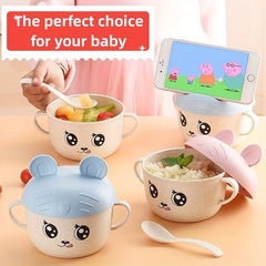 Children's Cartoon Double Handle Bowl with Lid and Spoon
