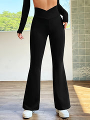  Solid V-Waist Flared Leg Trousers