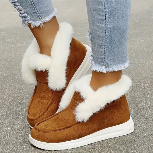 Women's Plush Winter Snow Boots Slip on Flat Shoes