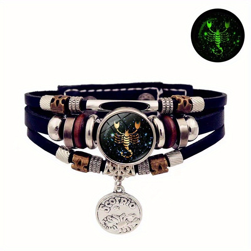 12 Zodiac Luminous Leather Bracelet Multilayer Beaded Hand Jewelry