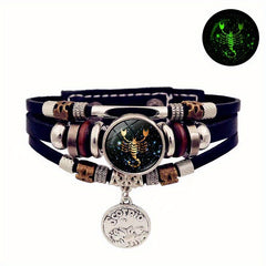12 Zodiac Luminous Leather Bracelet Multilayer Beaded Hand Jewelry