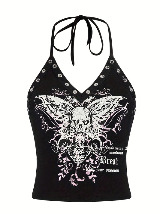 Skull Butterfly Halter Top Y2K V Neck Tie Back Summer Sleeveless