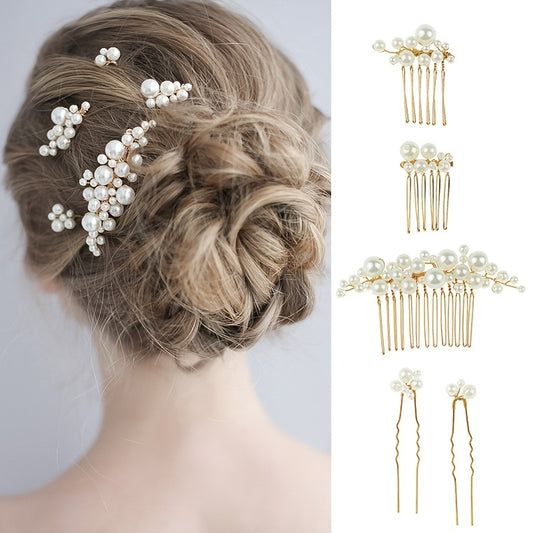 5pcs Faux Pearl Hair Comb U-shaped Hairpin Wedding Bridal Hair Accessories