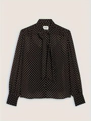  Women's Dot Print Chiffon Long Sleeve Blouse Tie Neck Top