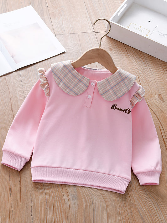 Embroidered Plaid Collar Crew Neck Sweatshirt for Girls
