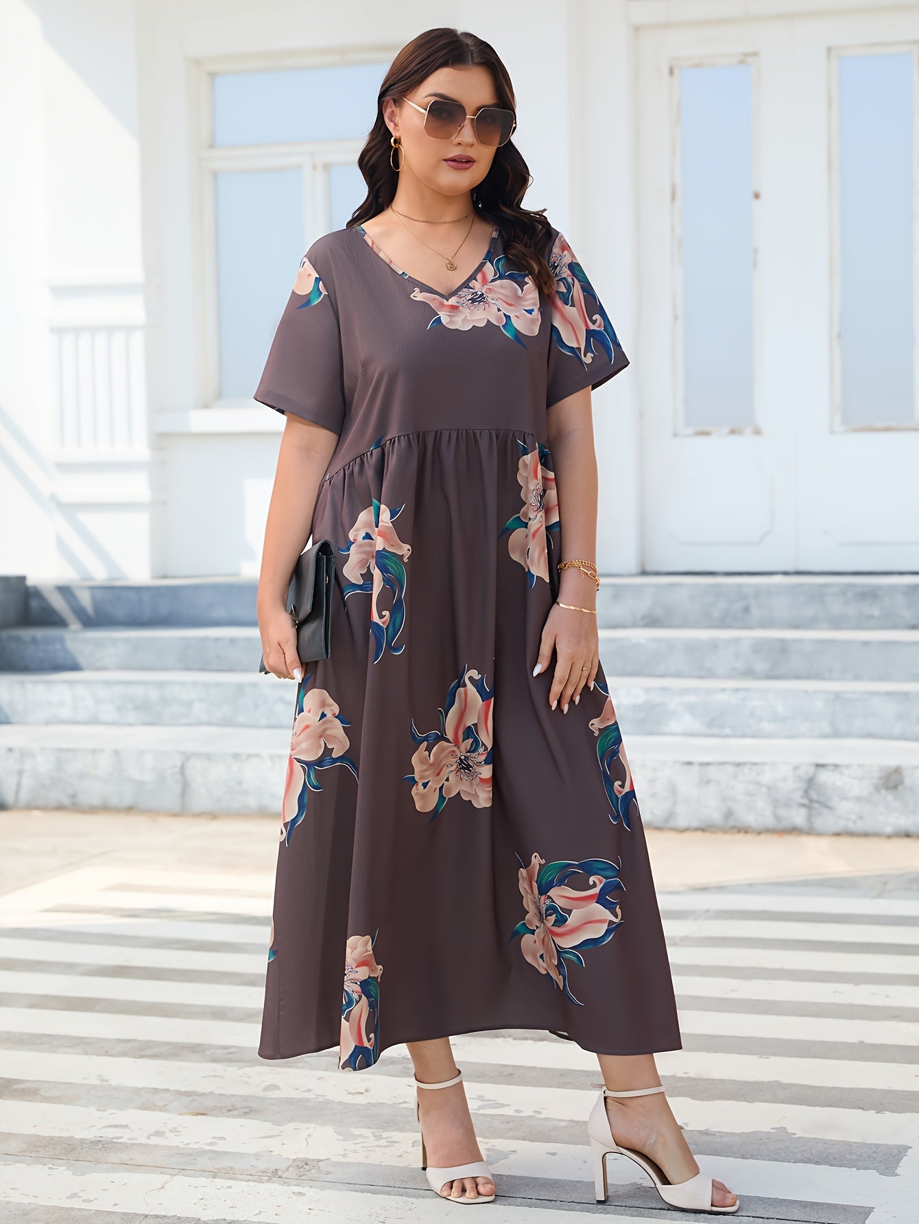 Floral Print V-Neck Maxi Dress Plus Size