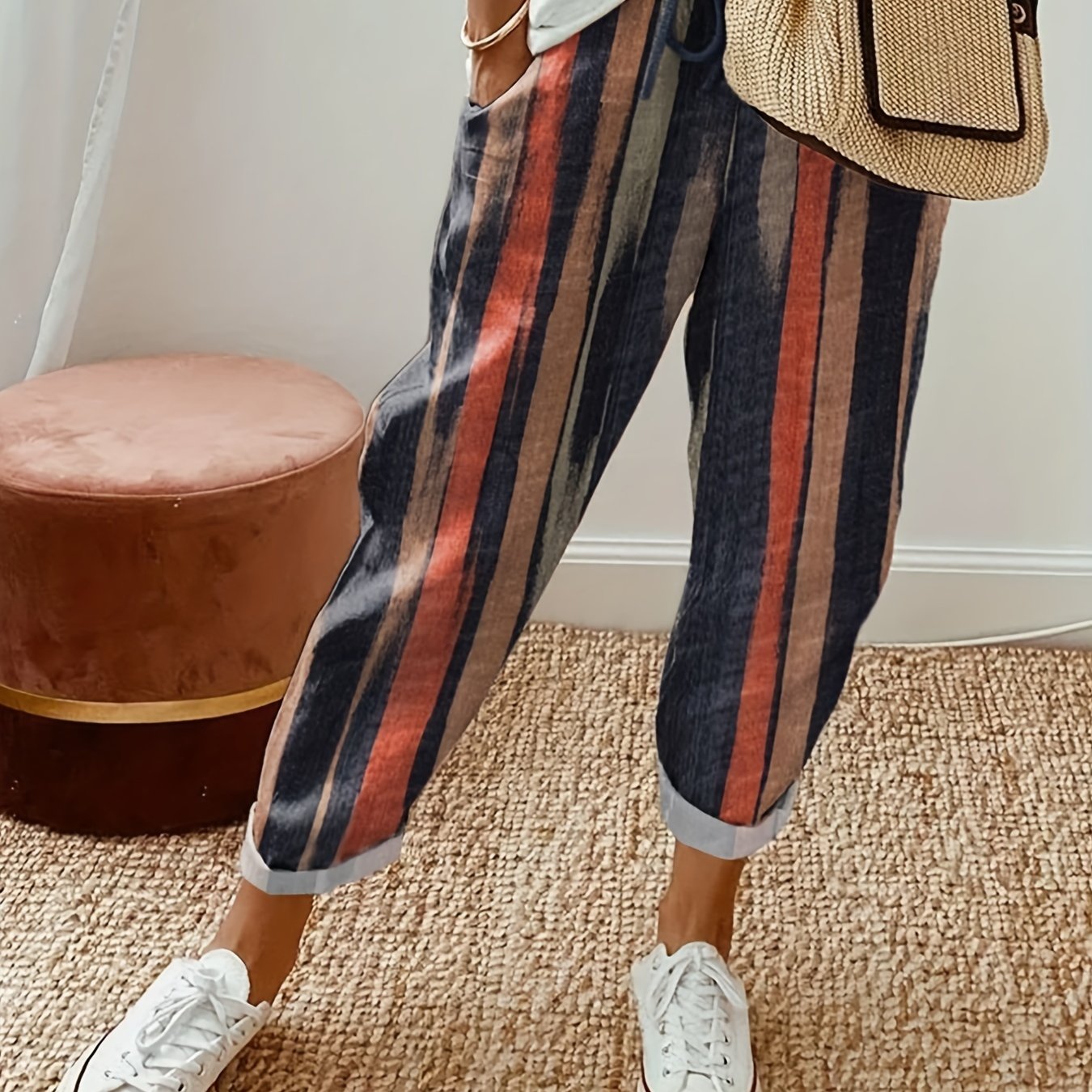 Patchwork Print Pants Dual Pockets Drawstring Casual Pants