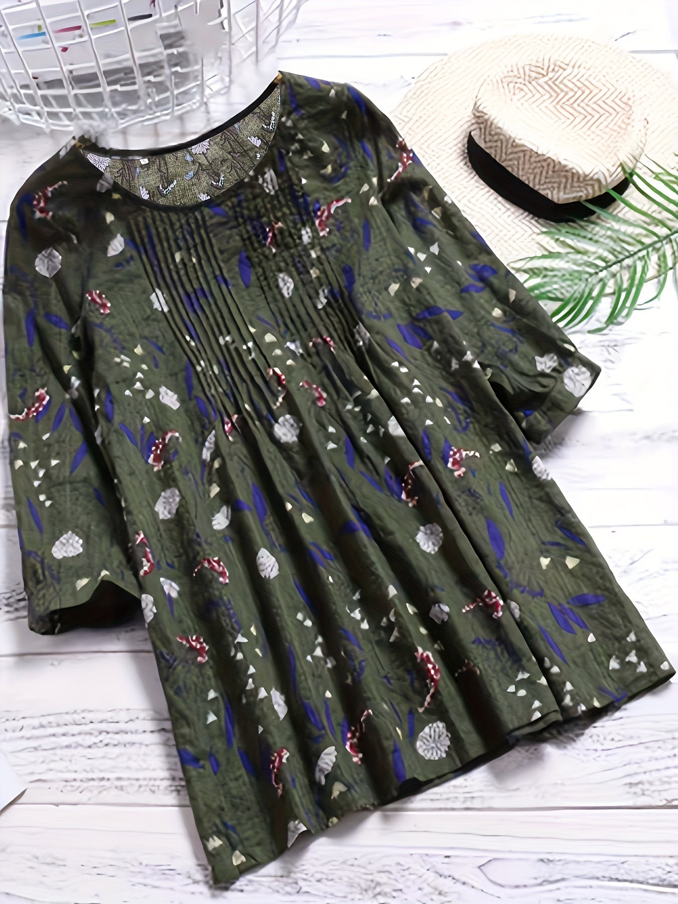  Floral Print Boho Shirt 3/4 Sleeve Ruffled Blouse