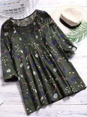  Floral Print Boho Shirt 3/4 Sleeve Ruffled Blouse