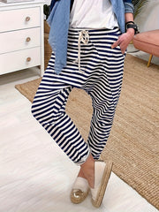 Women's Plus Stripe Print Drawstring Elastic High Rise Harem Trousers