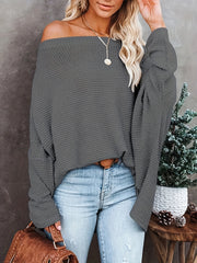  Solid Waffle Pattern Off Shoulder Long Sleeve Jumper