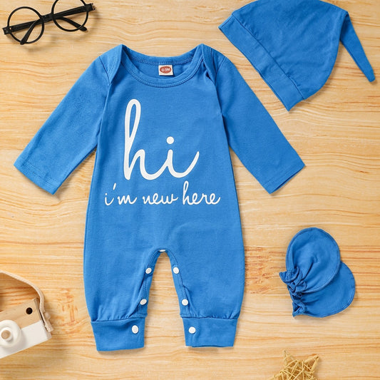 Newborn Infant Letter Romper Set Long Sleeve Jumpsuit & Hat & Gloves