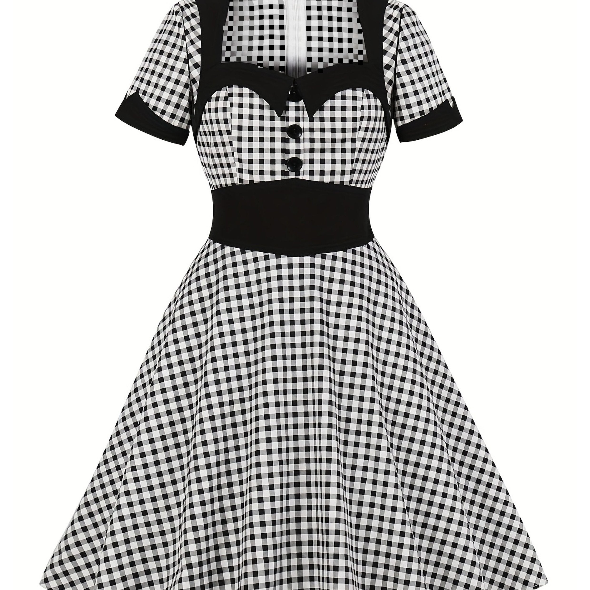  Colorblock Gingham Print Sweetheart Neck A-line Dress