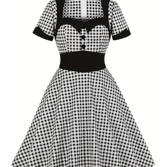  Colorblock Gingham Print Sweetheart Neck A-line Dress